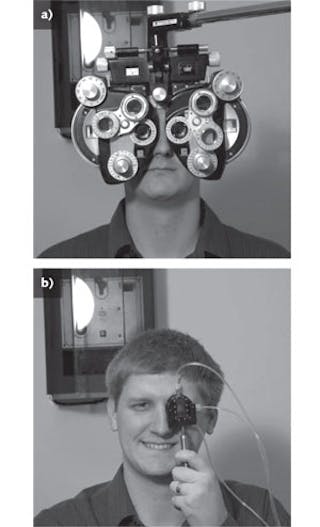 A conventional phoropter (a) is large and complex, while a fluidic phoropter (b, shown as a monocular prototype) is small, lightweight, and can be continuously varied in spherical and cylindrical power as well as orientation of astigmatism.