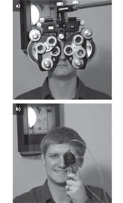 A conventional phoropter (a) is large and complex, while a fluidic phoropter (b, shown as a monocular prototype) is small, lightweight, and can be continuously varied in spherical and cylindrical power as well as orientation of astigmatism. A conventional phoropter (a) is large and complex, while a fluidic phoropter (b, shown as a monocular prototype) is small, lightweight, and can be continuously varied in spherical and cylindrical power as well as orientation of astigmatism.