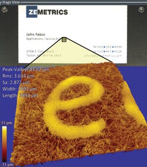 FIGURE 3. The stage view in ZeMapper shows a business card with the test area overlay (yellow square; top) and the 3-D map of the selected area (letter e), which shows the ink is raised above the paper fibers of the card (bottom).