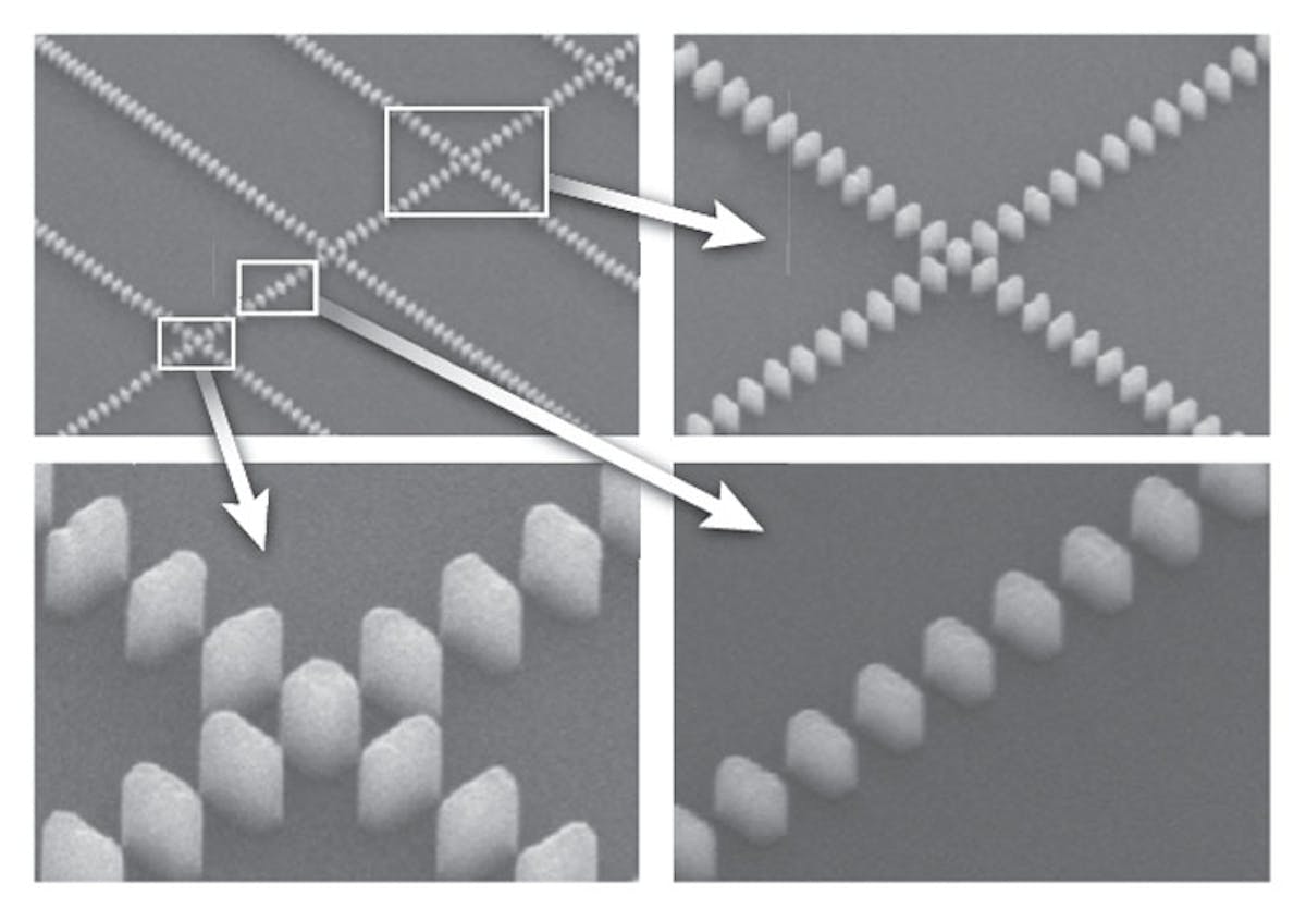 As shown in scanning-electron-microscope images, subwavelength-waveguide-grating crossings have a small square block as a central element.