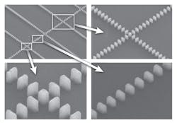 As shown in scanning-electron-microscope images, subwavelength-waveguide-grating crossings have a small square block as a central element. As shown in scanning-electron-microscope images, subwavelength-waveguide-grating crossings have a small square block as a central element.