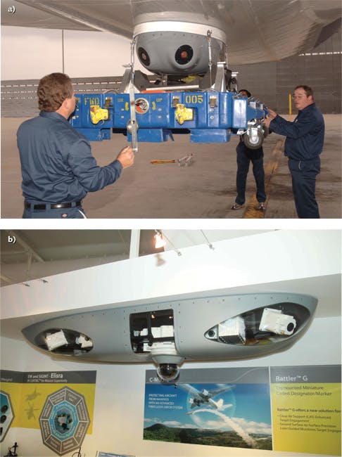FIGURE 2. Removable IRCM pods for commercial aircraft include the Guardian from Northrop Grumman (a) and the C-MUSIC pod from Elbit Systems (b).