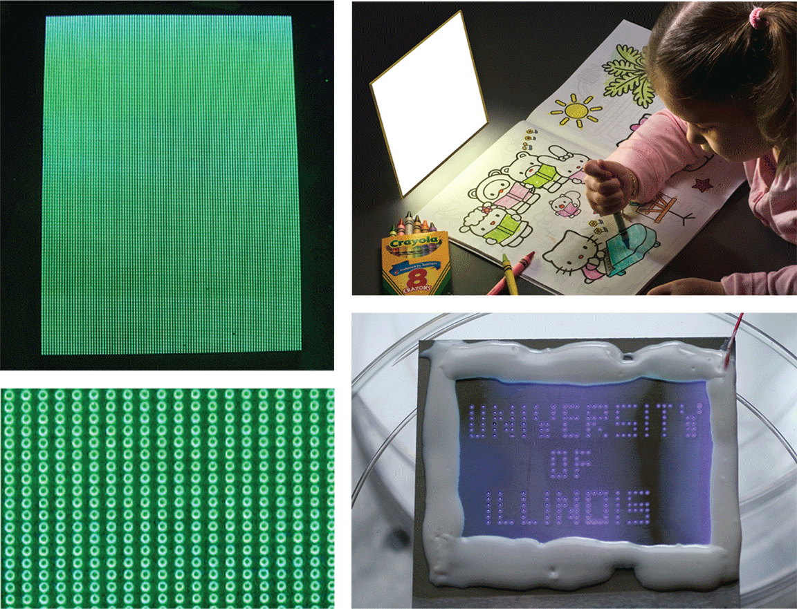 FIGURE 1. 20,000 microcavities each have a parabolic shape and green phosphor deposited within the cavity (left top and bottom). A 6 &times; 6 in. white lamp has a thickness of a few millimeters (top right). A small array of microplasmas creates UV emission from ordinary room air (bottom right).
