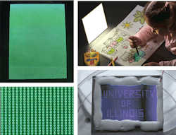 FIGURE 1. 20,000 microcavities each have a parabolic shape and green phosphor deposited within the cavity (left top and bottom). A 6 × 6 in. white lamp has a thickness of a few millimeters (top right). A small array of microplasmas creates UV emission from ordinary room air (bottom right). FIGURE 1. 20,000 microcavities each have a parabolic shape and green phosphor deposited within the cavity (left top and bottom). A 6 × 6 in. white lamp has a thickness of a few millimeters (top right). A small array of microplasmas creates UV emission from ordinary room air (bottom right).
