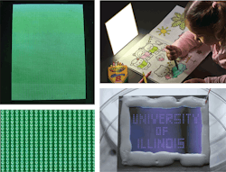 FIGURE 1. 20,000 microcavities each have a parabolic shape and green phosphor deposited within the cavity (left top and bottom). A 6 × 6 in. white lamp has a thickness of a few millimeters (top right). A small array of microplasmas creates UV emission from ordinary room air (bottom right). FIGURE 1. 20,000 microcavities each have a parabolic shape and green phosphor deposited within the cavity (left top and bottom). A 6 × 6 in. white lamp has a thickness of a few millimeters (top right). A small array of microplasmas creates UV emission from ordinary room air (bottom right).