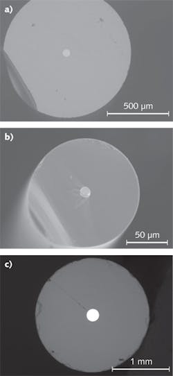 FIGURE 1. Electron micrographs of the cross-sections of the as-drawn and cleaved glass-clad crystalline semiconductor core optical fibers&mdash;silicon (a), germanium (b), and indium antimonide (c)&mdash;show the fibers possess a clean interface between the semiconductor core and the glass cladding.
