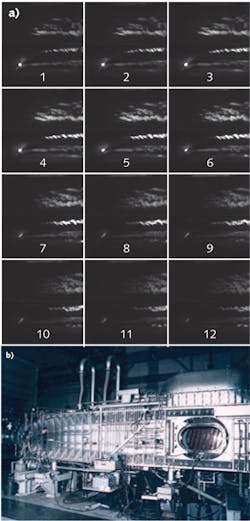Images of a Mach 10 airflow around a triangular 'trip' object are taken at a 500 kHz frame rate using PLIF with nitric oxide as the fluorescent agent (top). The field of view is 5 × 5 cm, and the light sheet is 1.9 mm above the object's surface. The tests were done in NASA Langley's Mach 10 wind tunnel (bottom). Images of a Mach 10 airflow around a triangular 'trip' object are taken at a 500 kHz frame rate using PLIF with nitric oxide as the fluorescent agent (top). The field of view is 5 × 5 cm, and the light sheet is 1.9 mm above the object's surface. The tests were done in NASA Langley's Mach 10 wind tunnel (bottom).