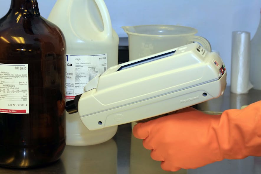 FIGURE 3. The FirstGuard handheld Raman spectrometer performs analysis of toxic substances by directly illuminating that substance within a container (plastic or even brown glass) and comparing the spectral trace to a database of known hazardous materials.