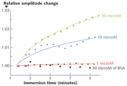 FIGURE 3. The response of an aptamer-coated TFBG-SPR sensor was measured while it was immersed in solutions containing the target protein in various concentrations, as well as a control solution with BSA (microM is micromolar). FIGURE 3. The response of an aptamer-coated TFBG-SPR sensor was measured while it was immersed in solutions containing the target protein in various concentrations, as well as a control solution with BSA (microM is micromolar).