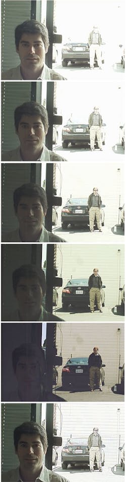 FIGURE 2. An HDR image is created from multiple images: first through fifth are for conventional, single exposures; the last is a tone-mapped HDR image from a prototype HDR sensor and real-time tone-mapping system in Forza Silicon's labs. FIGURE 2. An HDR image is created from multiple images: first through fifth are for conventional, single exposures; the last is a tone-mapped HDR image from a prototype HDR sensor and real-time tone-mapping system in Forza Silicon's labs.
