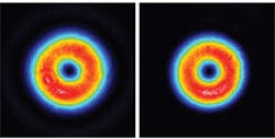 The combination of a liquid-crystal spatial-light modulator, a partially obscuring π phase plate, and a pinhole change a Gaussian beam to a beam that, at the input end of a hollow-core fiber, has the TE01 mode (left). The beam retains its qualities in the fiber, as seen at the fiber's exit (right). The beam's doughnut shape is well suited for blue-detuned atom guiding. The combination of a liquid-crystal spatial-light modulator, a partially obscuring π phase plate, and a pinhole change a Gaussian beam to a beam that, at the input end of a hollow-core fiber, has the TE01 mode (left). The beam retains its qualities in the fiber, as seen at the fiber's exit (right). The beam's doughnut shape is well suited for blue-detuned atom guiding.