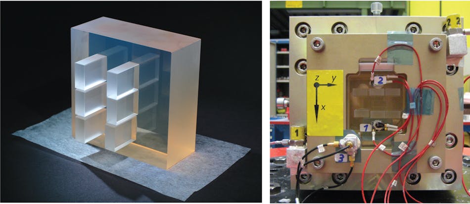 A testboard consists of a Zerodur baseplate and six Zerodur mirrors (left). The upper-left and lower-right mirrors are mounted with an adhesive, while the other four are hydroxide-catalysis bonded. The testboard is mounted on a shaker for vibration testing (right).