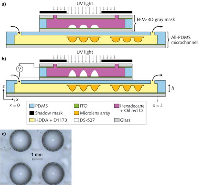 A schematic illustrates a continuous, high-throughput fabrication process for microlenses and microlens arrays in microchannels (a) before and (b) after applying voltages to the electrostatic-force-modulated (EFM)-3D gray mask. The microlenses and arrays can be dynamically adjusted during the fabrication process (c).