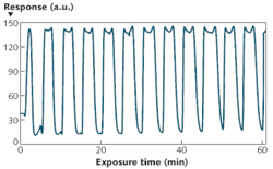 FIGURE 4. The NLC-based MMP sensors are reversible once the target analyte is removed. Here, a sensor was exposed to alternating streams of 125 ppb DMMP (2 min) and zero air (3 min) for 12 cycles. FIGURE 4. The NLC-based MMP sensors are reversible once the target analyte is removed. Here, a sensor was exposed to alternating streams of 125 ppb DMMP (2 min) and zero air (3 min) for 12 cycles.