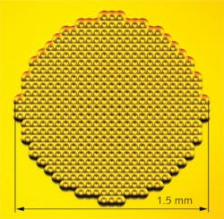 A metamaterial terahertz-radiation-focusing GRIN lens has 60 &mu;m wide unit cells consisting of a 200 nm thick copper film sandwiched between two slabs of benzocyclobutene, a dielectric.