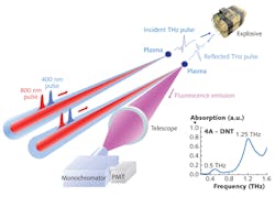 The terahertz radiation-enhanced emission of fluorescence (THz-REEF) technique enables measurement of the absorption spectra of 4-Amino-2, 6-dinitrotolune (4A-DNT). The terahertz radiation-enhanced emission of fluorescence (THz-REEF) technique enables measurement of the absorption spectra of 4-Amino-2, 6-dinitrotolune (4A-DNT).