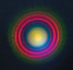 FIGURE 4. Excellent beam quality enables higher efficiency and quality of nonlinear processes like parametric amplification and harmonic and continuum generation. When an amplified pulse is focused into a sapphire plate (or hollow fiber), cascaded nonlinear effects create a supercontinuum of light, shown here dispersed by natural diffraction. FIGURE 4. Excellent beam quality enables higher efficiency and quality of nonlinear processes like parametric amplification and harmonic and continuum generation. When an amplified pulse is focused into a sapphire plate (or hollow fiber), cascaded nonlinear effects create a supercontinuum of light, shown here dispersed by natural diffraction.