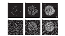 FIGURE 1. Images (400 × 400 pixels) taken of a constant-output 1.25-in.-diameter luminescent disk. 33, 250, and 1000 ms exposures were captured by a Stanford Photonics XR/Turbo-Z ICCD camera (a, b, and c, at -20°C) and a Hamamatsu ImagEM EMCCD (d, e, and f, at -70°C). The green emission was filtered at 550 nm to limit light to the nominal peak of the QE curves for each sensor. The ICCD camera detects 87 photons in the 33 ms exposure shown. The EMCCD cannot detect the object since clock-induced charge (CIC) noise exceeds the photon level within the target region of interest. FIGURE 1. Images (400 × 400 pixels) taken of a constant-output 1.25-in.-diameter luminescent disk. 33, 250, and 1000 ms exposures were captured by a Stanford Photonics XR/Turbo-Z ICCD camera (a, b, and c, at -20°C) and a Hamamatsu ImagEM EMCCD (d, e, and f, at -70°C). The green emission was filtered at 550 nm to limit light to the nominal peak of the QE curves for each sensor. The ICCD camera detects 87 photons in the 33 ms exposure shown. The EMCCD cannot detect the object since clock-induced charge (CIC) noise exceeds the photon level within the target region of interest.