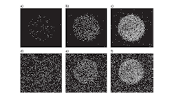 FIGURE 1. Images (400 &times; 400 pixels) taken of a constant-output 1.25-in.-diameter luminescent disk. 33, 250, and 1000 ms exposures were captured by a Stanford Photonics XR/Turbo-Z ICCD camera (a, b, and c, at -20&deg;C) and a Hamamatsu ImagEM EMCCD (d, e, and f, at -70&deg;C). The green emission was filtered at 550 nm to limit light to the nominal peak of the QE curves for each sensor. The ICCD camera detects 87 photons in the 33 ms exposure shown. The EMCCD cannot detect the object since clock-induced charge (CIC) noise exceeds the photon level within the target region of interest.