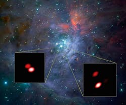 Observations with the new GRAVITY instrument revealed that one of the stars in the Orion Trapezium Cluster (Theta Orionis F, lower left) was found to be a double star for the first time; the brighter double star Theta Orionis C (lower right) is also well seen. The background image comes from the ISAAC instrument on ESO's Very Large Telescope. The views of two of the stars from GRAVITY, shown as inserts, reveal far finer detail than could be detected with the NASA/ESA Hubble Space Telescope. Observations with the new GRAVITY instrument revealed that one of the stars in the Orion Trapezium Cluster (Theta Orionis F, lower left) was found to be a double star for the first time; the brighter double star Theta Orionis C (lower right) is also well seen. The background image comes from the ISAAC instrument on ESO's Very Large Telescope. The views of two of the stars from GRAVITY, shown as inserts, reveal far finer detail than could be detected with the NASA/ESA Hubble Space Telescope.