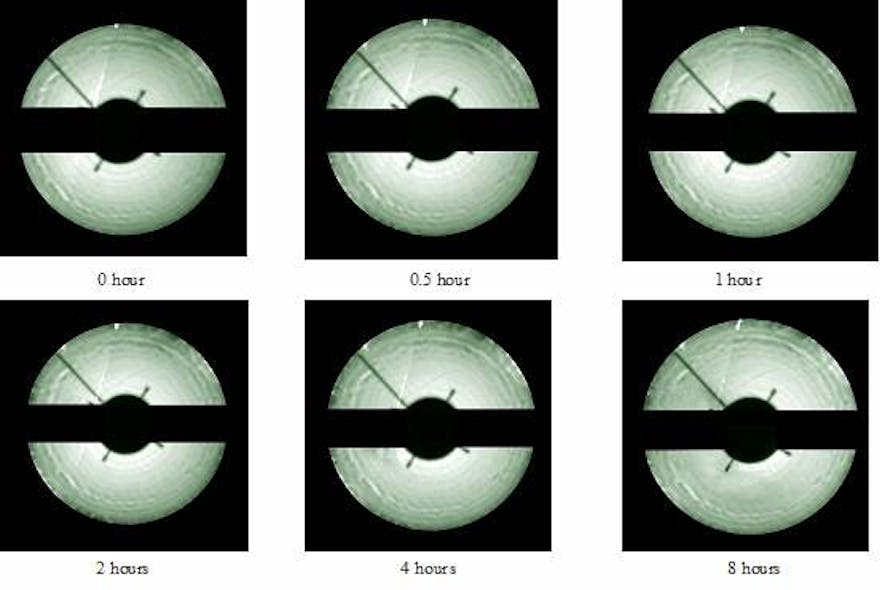 FIGURE 3. Far-field images of a 1.6-steradian mirror collector, taken with a fluorescence converter in the intermediate focus position during eight hours of operation, show good two-dimensional EUV illumination uniformity and excellent collector reflectivity stability over time. The images indicate that ion energy and ion flux reduction, as well as debris-mitigation techniques, operating together, have been successful in eliminating reflectivity degradation.