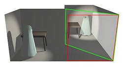 The Pepper&apos;s Ghost illusion. With proper lighting, a viewer looking through the red rectangle sees the image of the scene on the left, hidden from view, reflected by a sheet of glass (green rectangle), so it appears to be in the area at right.