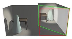 The Pepper's Ghost illusion. With proper lighting, a viewer looking through the red rectangle sees the image of the scene on the left, hidden from view, reflected by a sheet of glass (green rectangle), so it appears to be in the area at right. The Pepper's Ghost illusion. With proper lighting, a viewer looking through the red rectangle sees the image of the scene on the left, hidden from view, reflected by a sheet of glass (green rectangle), so it appears to be in the area at right.