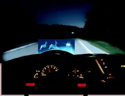 FIGURE 1. Vehicles equipped with near-infrared night-vision systems powered by LEDs deliver high-resolution images of hazards in the road that drivers could not see with standard headlights. FIGURE 1. Vehicles equipped with near-infrared night-vision systems powered by LEDs deliver high-resolution images of hazards in the road that drivers could not see with standard headlights.