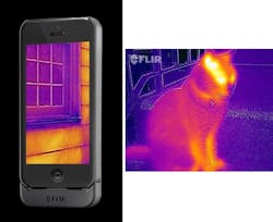 FLIR&apos;s new iPhone-based thermal imager (left) reveals an otherwise hidden creature (right).