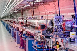 FIGURE 1. A dozen LCLS undulators (silver) installed along the undulator hall were enough to demonstrate initial lasing in April. FIGURE 1. A dozen LCLS undulators (silver) installed along the undulator hall were enough to demonstrate initial lasing in April.