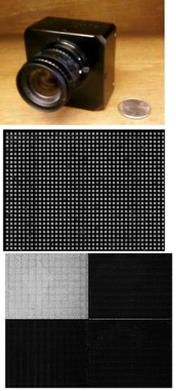 FIGURE 3. An assembled bruise-detecting MMSI measures 2 x 2 x 2 in. (top). A magnified (200x) partial picture of a mosaic filter is shown under lighting with a central wavelength of 650 nm (center). Four images which correspond to four wavelengths under the same lighting condition as the center image are digitally separated, showing the single-wavelength illumination (bottom). FIGURE 3. An assembled bruise-detecting MMSI measures 2 x 2 x 2 in. (top). A magnified (200x) partial picture of a mosaic filter is shown under lighting with a central wavelength of 650 nm (center). Four images which correspond to four wavelengths under the same lighting condition as the center image are digitally separated, showing the single-wavelength illumination (bottom).