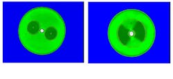FIGURE 2. Images from a grey-scale fiber geometry measurement system can be modified to measure critical properties of panda (left) and bowtie-type (right) polarization-maintaining fibers. FIGURE 2. Images from a grey-scale fiber geometry measurement system can be modified to measure critical properties of panda (left) and bowtie-type (right) polarization-maintaining fibers.