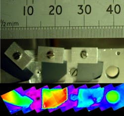 FIGURE 2. The sample arm of a secondary electron yield (SEY) characterization apparatus can hold three samples and be used to produce false-color, two-dimensional scans of SEY that clearly distinguish all features present in the visible image. FIGURE 2. The sample arm of a secondary electron yield (SEY) characterization apparatus can hold three samples and be used to produce false-color, two-dimensional scans of SEY that clearly distinguish all features present in the visible image.