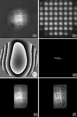 FIGURE 2. Shown are a) a raw retinal image, b) the image as detected after passing through the lenslet array, c) the wavefront aberration (phase is wrapped), d) the calculated point spread function (PSF), e) 20 re-centered images (256x256 pixels), averaged, and f) the same image after deconvolution with the PSF. FIGURE 2. Shown are a) a raw retinal image, b) the image as detected after passing through the lenslet array, c) the wavefront aberration (phase is wrapped), d) the calculated point spread function (PSF), e) 20 re-centered images (256x256 pixels), averaged, and f) the same image after deconvolution with the PSF.