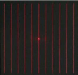 FIGURE 3. The diffraction pattern for a multiline generator produces 11 lines defining a square area of 268 &times; 268 mm a distance of 500 mm from the DOE. The lines are parallel because of a special design approach that compensates for cushion distortion.