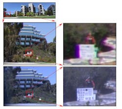 Top: This image was captured with a conventional wide-angle lens, a Canon EOS 5D Mark III DSLR with a 12 mm focal length. Middle: An inset of the image above. A close-up (right) of the man holding the board shows that this picture, taken with a conventional wide-angle camera with 12 mm focal length, does not have very high resolution. Bottom: An image taken with a monocentric lens relayed onto a high-magnification digital microscope. This system did not include the fiber coupling developed by the researchers for their prototype camera, but the clarity of the detail shows the potential of using monocentric lenses to take images with both high resolution and a wide field of view. Top: This image was captured with a conventional wide-angle lens, a Canon EOS 5D Mark III DSLR with a 12 mm focal length. Middle: An inset of the image above. A close-up (right) of the man holding the board shows that this picture, taken with a conventional wide-angle camera with 12 mm focal length, does not have very high resolution. Bottom: An image taken with a monocentric lens relayed onto a high-magnification digital microscope. This system did not include the fiber coupling developed by the researchers for their prototype camera, but the clarity of the detail shows the potential of using monocentric lenses to take images with both high resolution and a wide field of view.