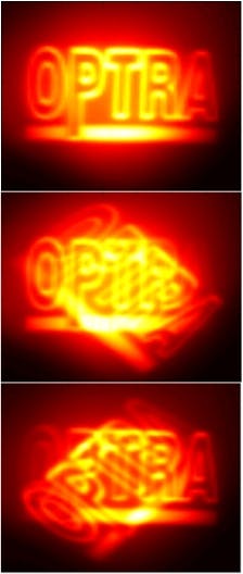 FIGURE 2. A two-band simulated scene contains two logos that have peak wavelengths of roughly 3.9 &micro;m (&apos;blue&apos;) and 4.6 &micro;m (&apos;red&apos;), respectively. The figures are still frames from the scene, recorded with a FLIR Systems SC4000 InSb camera. The scene first overlays the two OPTRA logos (top), then rotates the red projected image clockwise while holding the blue image fixed (center), and finally rotates the blue image counterclockwise while holding the red image fixed (bottom).