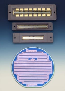FIGURE 1. The 6K (6000 pixels), 9K, and 12K TDI CCDs developed by Fairchild Imaging are shown here with their parent wafer. FIGURE 1. The 6K (6000 pixels), 9K, and 12K TDI CCDs developed by Fairchild Imaging are shown here with their parent wafer.