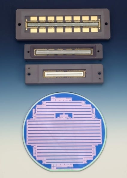 FIGURE 1. The 6K (6000 pixels), 9K, and 12K TDI CCDs developed by Fairchild Imaging are shown here with their parent wafer.