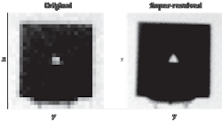 Flash ladar produces gray-scale range images of a TOD target. In a single image (left), the triangle is not well resolved, while a super-resolved image clearly shows the triangle&apos;s orientation (right).