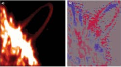 FIGURE 3. A thin, short-lived magnetic loop flashes into sight above an active region (a) just as a mass ejection is launched. Doppler velocities along the loop (b; in red and blue) show matter streaming in both directions (blue streaming toward us), suggesting a twisted flux-tube arrangement with counter-flowing stream. FIGURE 3. A thin, short-lived magnetic loop flashes into sight above an active region (a) just as a mass ejection is launched. Doppler velocities along the loop (b; in red and blue) show matter streaming in both directions (blue streaming toward us), suggesting a twisted flux-tube arrangement with counter-flowing stream.