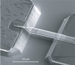 FIGURE 1. Scanning electron micrograph of an air-bridge Schottky barrier diode made at CNR-IFN shows that the metal connection between the anode pad and the Schottky junction has been suspended in order to reduce parasitic capacitance. The suspended structure was obtained by wet chemical removal of the GaAs under the metal bridge, after lithographic definition of the two mesas. FIGURE 1. Scanning electron micrograph of an air-bridge Schottky barrier diode made at CNR-IFN shows that the metal connection between the anode pad and the Schottky junction has been suspended in order to reduce parasitic capacitance. The suspended structure was obtained by wet chemical removal of the GaAs under the metal bridge, after lithographic definition of the two mesas.