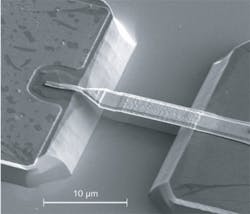 FIGURE 1. Scanning electron micrograph of an air-bridge Schottky barrier diode made at CNR-IFN shows that the metal connection between the anode pad and the Schottky junction has been suspended in order to reduce parasitic capacitance. The suspended structure was obtained by wet chemical removal of the GaAs under the metal bridge, after lithographic definition of the two mesas. FIGURE 1. Scanning electron micrograph of an air-bridge Schottky barrier diode made at CNR-IFN shows that the metal connection between the anode pad and the Schottky junction has been suspended in order to reduce parasitic capacitance. The suspended structure was obtained by wet chemical removal of the GaAs under the metal bridge, after lithographic definition of the two mesas.