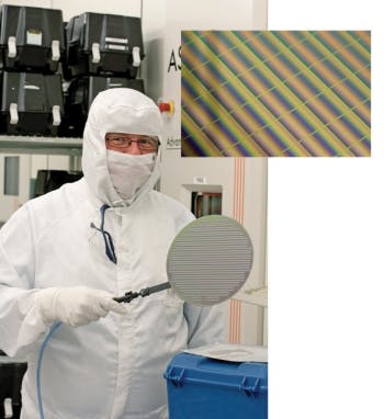 FIGURE 2. A wafer contains numerous hyperspectral filter modules (main). The different squares in the image (inset) are separate filter modules that are later packaged into individual devices.