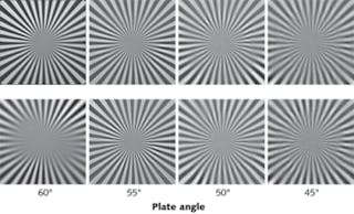 A spoke target is imaged both in focus (top row) and 0.5 m out of focus (bottom row) with a 300 mm telephoto lens. Counter-rotating cubic phase plates placed in front of the lens vary the cubic phase shift from zero (at 60&ordm; plate angle) to a maximum (at 45&ordm; plate angle). For this particular lens and focal range, a 55&ordm; position is best.