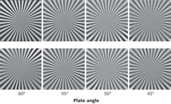 A spoke target is imaged both in focus (top row) and 0.5 m out of focus (bottom row) with a 300 mm telephoto lens. Counter-rotating cubic phase plates placed in front of the lens vary the cubic phase shift from zero (at 60º plate angle) to a maximum (at 45º plate angle). For this particular lens and focal range, a 55º position is best. A spoke target is imaged both in focus (top row) and 0.5 m out of focus (bottom row) with a 300 mm telephoto lens. Counter-rotating cubic phase plates placed in front of the lens vary the cubic phase shift from zero (at 60º plate angle) to a maximum (at 45º plate angle). For this particular lens and focal range, a 55º position is best.