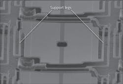 FIGURE 1. A micrograph shows the typical micromachined structures in a microbolometer focal-plane array (FPA). The pixels are suspended above the readout integrated circuit and the long skinny legs provide thermal isolation for the pixels.