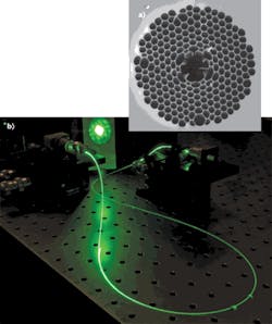 FIGURE 1. A scanning-electron micrograph shows the cleaved endface of a hollow-core PCF used to guide and compress 540 nm pulses (a). The core diameter is 5.6 μm. The irregularity of some holes in the cladding demonstrates the difficulty of fabricating this fiber due to runaway variations in hole size during the draw. The damage around the core was caused during the fiber cleave; although the fiber as a whole is robust, the individual struts are extremely thin. Despite this, the coupling efficiency into this fiber is still greater than 60%. (Courtesy of Brian Mangan). The output of a HC-PCF transmitting ultrashort green pulses is seen on a white piece of paper, revealing the fiber’s high-quality far-field mode profile (b). FIGURE 1. A scanning-electron micrograph shows the cleaved endface of a hollow-core PCF used to guide and compress 540 nm pulses (a). The core diameter is 5.6 μm. The irregularity of some holes in the cladding demonstrates the difficulty of fabricating this fiber due to runaway variations in hole size during the draw. The damage around the core was caused during the fiber cleave; although the fiber as a whole is robust, the individual struts are extremely thin. Despite this, the coupling efficiency into this fiber is still greater than 60%. (Courtesy of Brian Mangan). The output of a HC-PCF transmitting ultrashort green pulses is seen on a white piece of paper, revealing the fiber’s high-quality far-field mode profile (b).