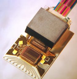 FIGURE 3. The assembly is based on a 45&deg; beveled front-face that can carry an M x N array of optical fibers in an area less than 1 x 2 cm.
