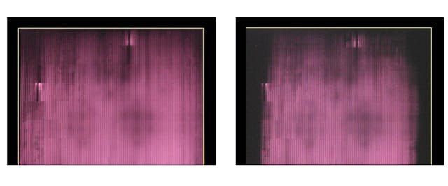 FIGURE 6. An electroluminescence analysis demonstrates the power loss in a solar cell (left) due to TCO corrosion after 1000 hours of hot steam treatment (right).